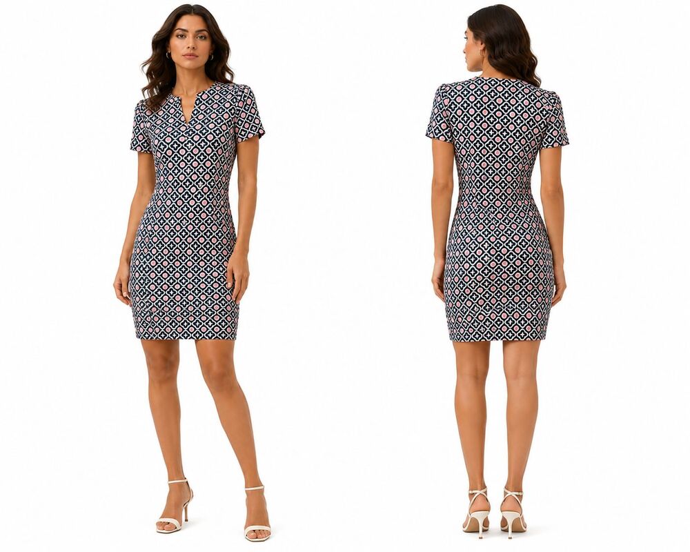 Talbots Women's Blue White Geometric Patterned Split Neck Mini Dress P Petite